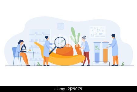 Biology scientists doing research on fruits. People cultivating plants in lab. Vector illustration for gmo food, agriculture, science concept Stock Vector