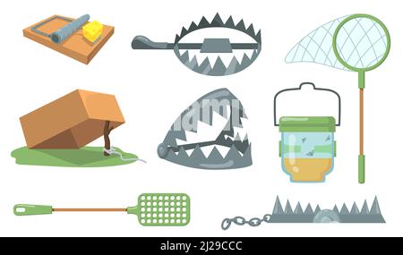 Animal traps set. Mouse trap, metal bear trap, butterfly net isolated on white background. Cartoon vector illustration for hunting, animal catching, c Stock Vector
