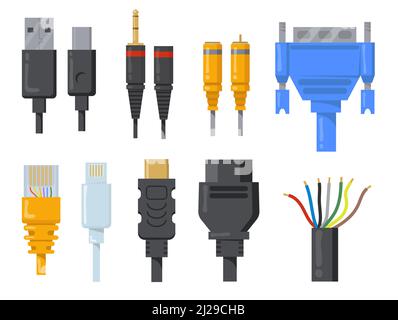 Computer cables, wires and cords flat item set. Cartoon black and colored connectors for HDMI or VGA port isolated vector illustration collection. Net Stock Vector
