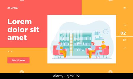 People in library flat vector illustration. Cartoon man and woman reading books and sitting on armchair or sofa. Study, knowledge and learning concept Stock Vector