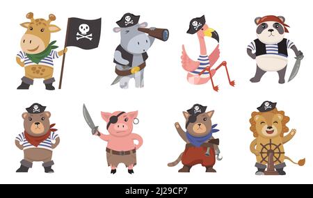 Cute little animal pirates flat illustration set. Cartoon sailors as funny lion, flamingo, pig, cat, giraffe, panda isolated vector illustration colle Stock Vector