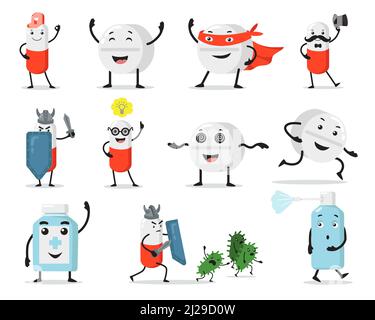 Cute pills and tablets flat illustration set. Cartoon medical characters fighting against viruses isolated vector illustration collection. Medicine an Stock Vector
