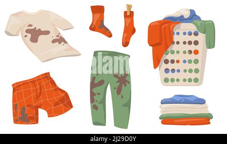 Dirty clothes set. T-shirts and socks with mud spots, pile of clothes in laundry basket, clean linen isolated on white background. Flat vector illustr Stock Vector