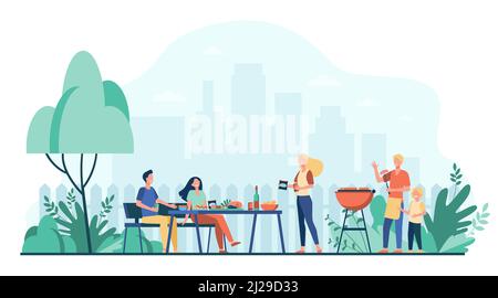 Family barbecue party on backyard. People grilling food in park or garden, sitting at table and eating. For cooking outside, festive dinner, summer co Stock Vector