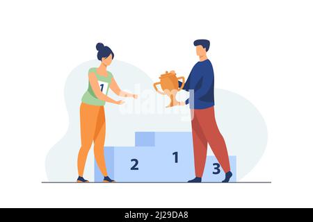 Female winner getting first prize. Man giving golden cup to woman at podium flat vector illustration. Winning, leadership, achievement concept for ban Stock Vector