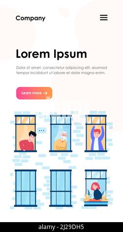 People living in one building. Apartment, window, neighbor flat vector illustration. Lifestyle and neighborhood concept for banner, website design or Stock Vector