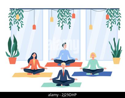 Happy office workers doing yoga, sitting in lotus pose on mats and meditating. Employees exercising during break. For mindfulness, stress relief, life Stock Vector