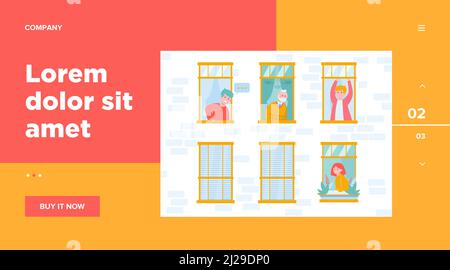 People living in one building. Apartment, window, neighbor flat vector illustration. Lifestyle and neighborhood concept for banner, website design or Stock Vector