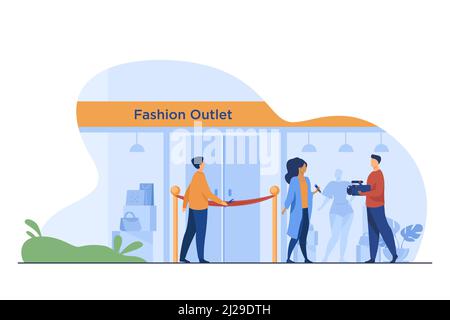 Outlet opening ceremony. Man cutting red ribbon, journalist, cameraman flat vector illustration. Fashion news, reportage, shopping concept for banner, Stock Vector