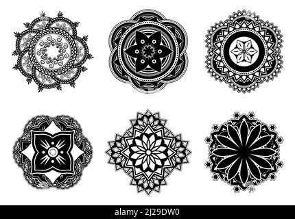 Mehndi or Mehendi flower flat pattern set. Decorative abstract mandala symbols for tattoo vector illustration collection. India culture and decoration Stock Vector