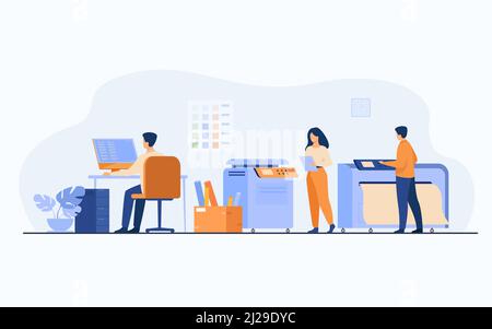 Print house workers using computers and operating big commercial printers for printing banners and posters. Vector illustration for ad agency, printin Stock Vector