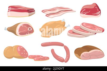 Pork, beef and lamb raw meat flat item set. Cartoon fresh meat products, steaks and sausages isolated vector illustration collection. Food and nutriti Stock Vector