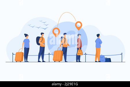 Queue of immigrants standing and holding luggage, waiting departure in airport. Group of tourists with globe, map pointers and destination line in bac Stock Vector