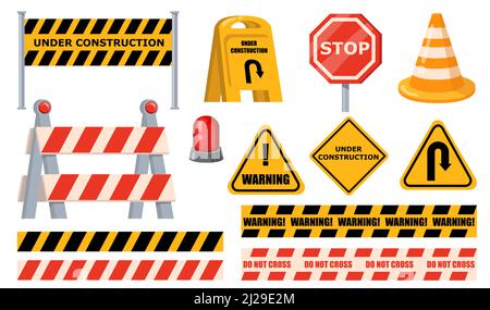Road barriers set. Warning and stop signs, under construction boards, yellow tape and cone. Flat vector illustrations for roadblock, roadwork, traffic Stock Vector
