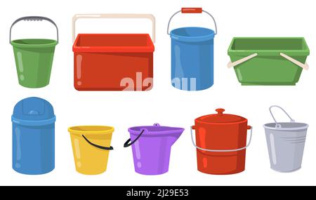 Steel and plastic buckets flat illustration set. Cartoon metal containers and pails for water or trash isolated vector illustration collection. Vessel Stock Vector