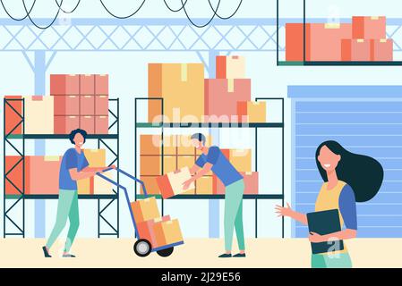 Staff working in logistic storage isolated flat vector illustration. Cartoon stockroom workers and loaders taking boxes from cargo pallet in stockroom Stock Vector