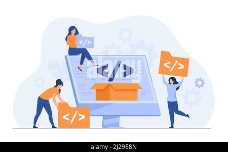 Tiny developers programming website for internet platform flat vector illustration. Cartoon programmers near screen with open code or script. Software Stock Vector