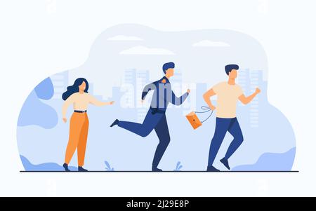 Thief holding stolen bag and running from male cop. Policeman catching criminal for arrest. Vector illustration for police officer job, violation of l Stock Vector