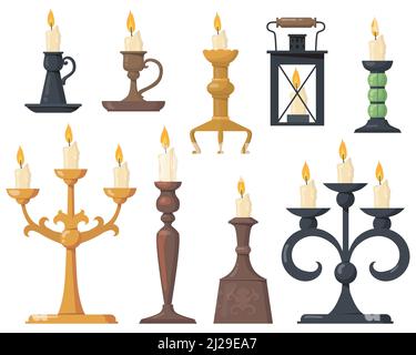 Vintage candles in candlesticks flat icon set. Cartoon elegant Victorian candelabras and retro holders for candles isolated vector illustration collec Stock Vector