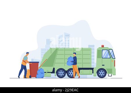 Trash pickup worker cleaning dustbin at truck. Man carrying trash in plastic bag flat vector illustration. City service, waste disposal concept for ba Stock Vector