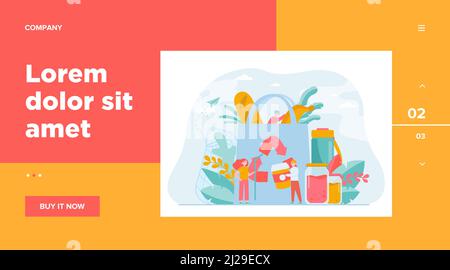 People packing organic food into eco bag, sorting plastic waste for recycling. Vector illustration for eco friendly shopping, sustainable development, Stock Vector