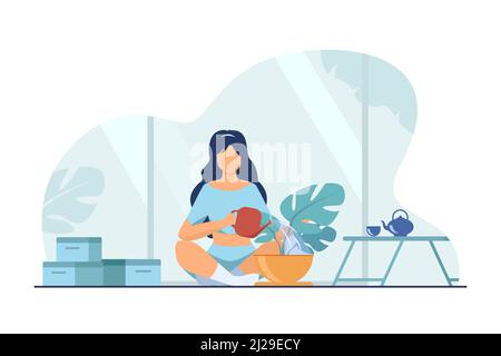 Woman sitting on floor and watering plant. Home, water, leaf flat vector illustration. Hobby and house garden concept for banner, website design or la Stock Vector