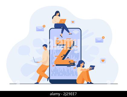 Virtual tiny people messaging in social media flat vector illustration. Characters near huge smartphone. Modern demography trend with progressive yout Stock Vector