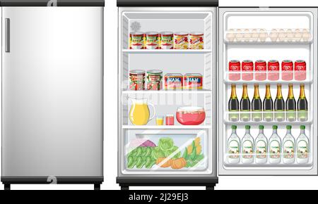 Refrigerator closed and opened door with lots of food illustration Stock Vector