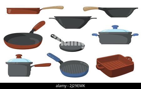 Kitchen pots set. Frying pans and saucepans, skillet with handle and wok. Vector illustrations collection for kitchenware, utensil, cooking concept Stock Vector