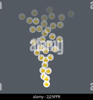 Thumb likes flying up for stories and live streams. Round thumb icons for social media ui. Vector illlustration isolated in dark background Stock Vector
