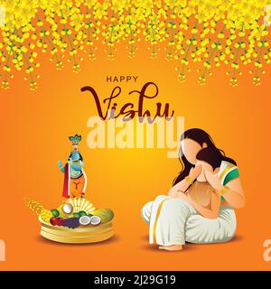 Happy Vishu greetings. April 14 Kerala festival with Vishu Kani, vishu flower Fruits and vegetables in a bronze vessel. vector illustration design Stock Vector