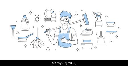 Cleaning and household chores doodle concept. Man in apron, glasses and rubber gloves holding brush. Detergent bottle, cleaner spray, sparkle dishes, scoop, iron, plunger, Line art vector illustration Stock Vector