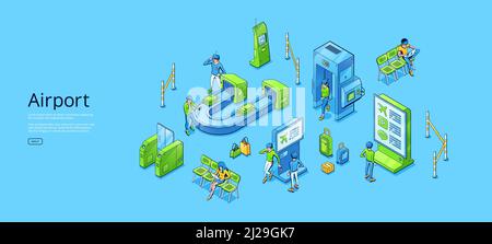 Airport isometric web banner with passengers waiting area, pass control with conveyor belt and baggage scanner, luggage detector, turnstile, security check point zone, 3d vector line art illustration Stock Vector