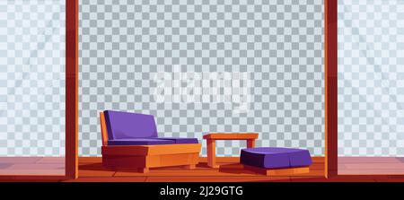 Wooden terrace with glass doors, sofa, table and ottoman stand on wood floor isolated on transparent background. Home, villa or hotel patio area for relax, Cartoon vector illustration, clip art Stock Vector