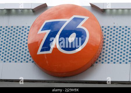 A shop sign of 76, on March 28 2022 in Los Angeles CA, USA. Photo by ...