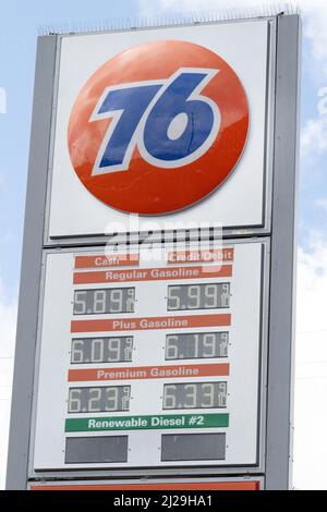 A shop sign of 76, on March 28 2022 in Los Angeles CA, USA. Photo by ...
