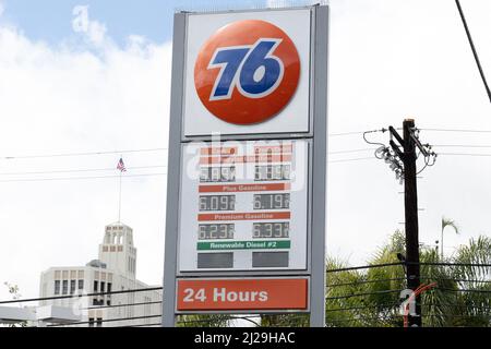 A shop sign of 76, on March 28 2022 in Los Angeles CA, USA. Photo by ...