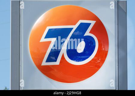 A shop sign of 76, on March 28 2022 in Los Angeles CA, USA. Photo by ...