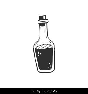 Hand drawn hipster bootle with black liquid. Doodle sketch style ...