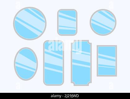 Set of different silver cartoon mirrors with reflection in minimalist style Stock Vector