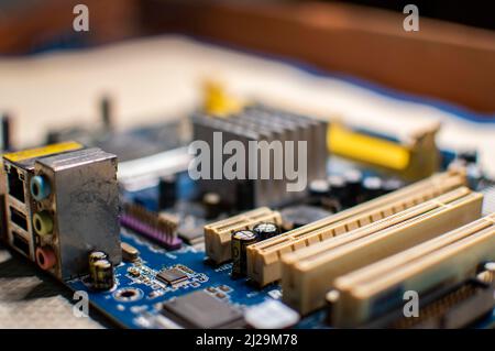 Close up of a computer motherboard, details of motherboard sockets Stock Photo