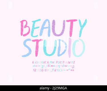 Creative banner Beauty Studio with hand-drawn font pastel colors. Vector set typeface alphabet and numbers with sketch texture Stock Vector