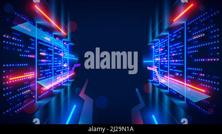 Data center or server room with servers of information cloud storage. Dark datacenter with light of data signals. Technology of computer warehouse of Stock Vector