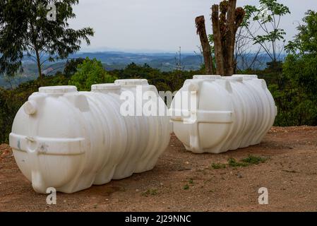 Close-up of two large water storage tanks outdoors Stock Photo