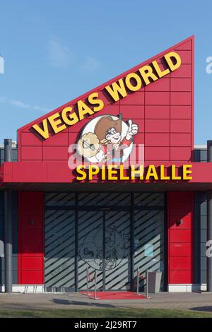 Entrance to Vegas World amusement arcade, logo with drawn cowboy, casino, Neuss, North Rhine-Westphalia, Germany Stock Photo