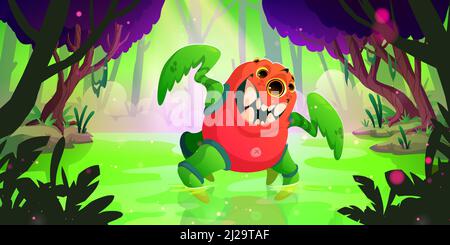 Funny monster with claws and many eyes in forest. Vector cartoon fantasy illustration of magic woods landscape with swamp and cute alien animal, fantastic creature Stock Vector