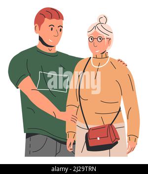 Adult Son Hugging Old Mother Isolated. Stock Vector