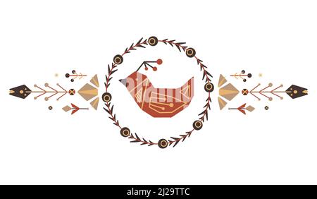 Horizontal vector festive card with birds in wreath and flower with folk art on white background. Scandinavian postcard with floral decorations. Stock Vector