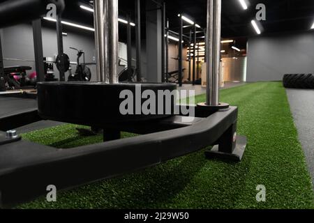 Sled fit young sports training, for gym muscle for adult from body concentration, prowler holding. Horizontal workout weight, athletics Stock Photo