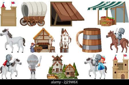 Medieval characters buildings set illustration Stock Vector